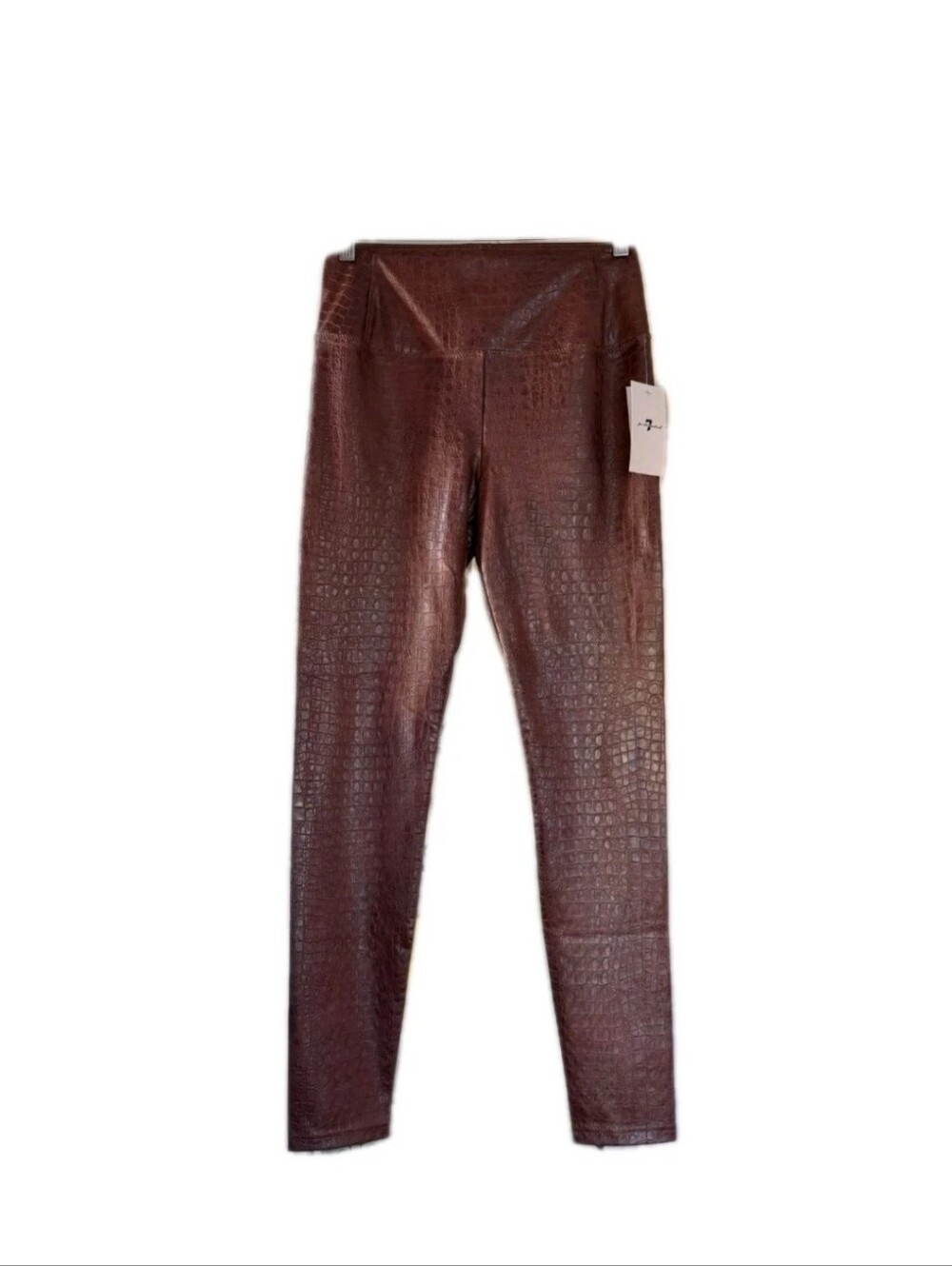 7 For ALL MANKIND Faux Leather Croc Leggings NWT Sz S Brown Shiny Embossed 69563